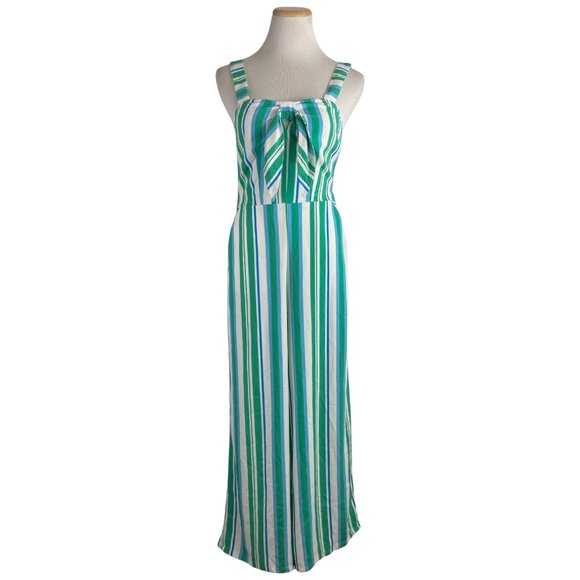 A NEW DAY Jumpsuit Size XS Green Blue Striped Bow Front Pockets Wide Legs Straps - Picture 1 of 4